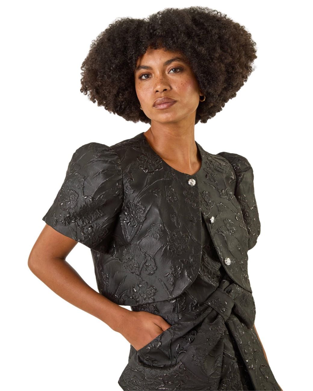 Roman Black Brocade Puff Sleeve Jacket