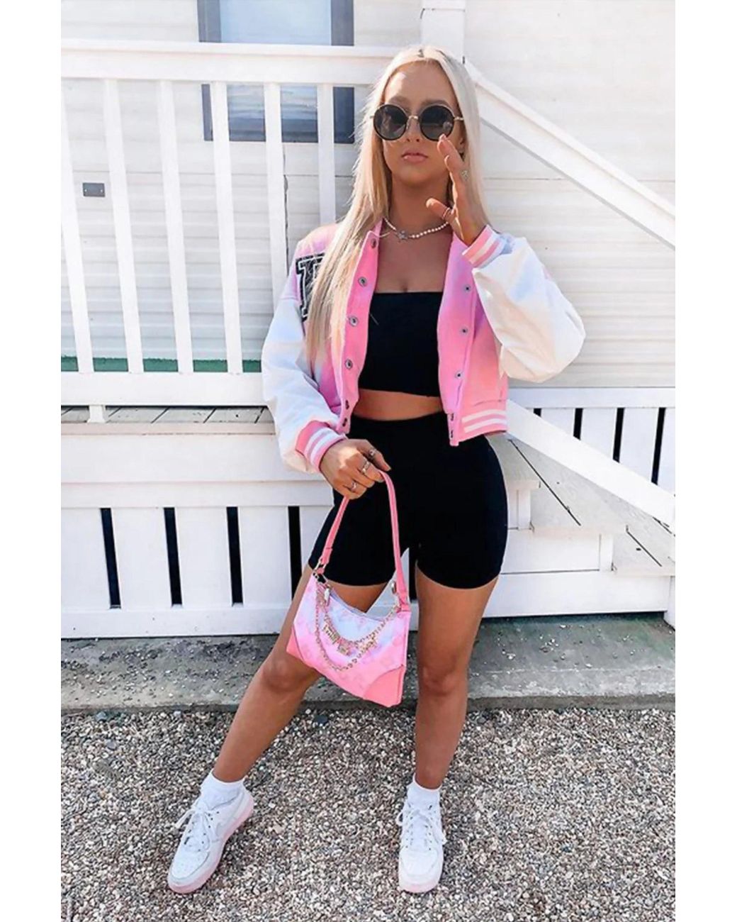 Femme Luxe Pink Varsity Slogan Contrast Sleeve Bomber