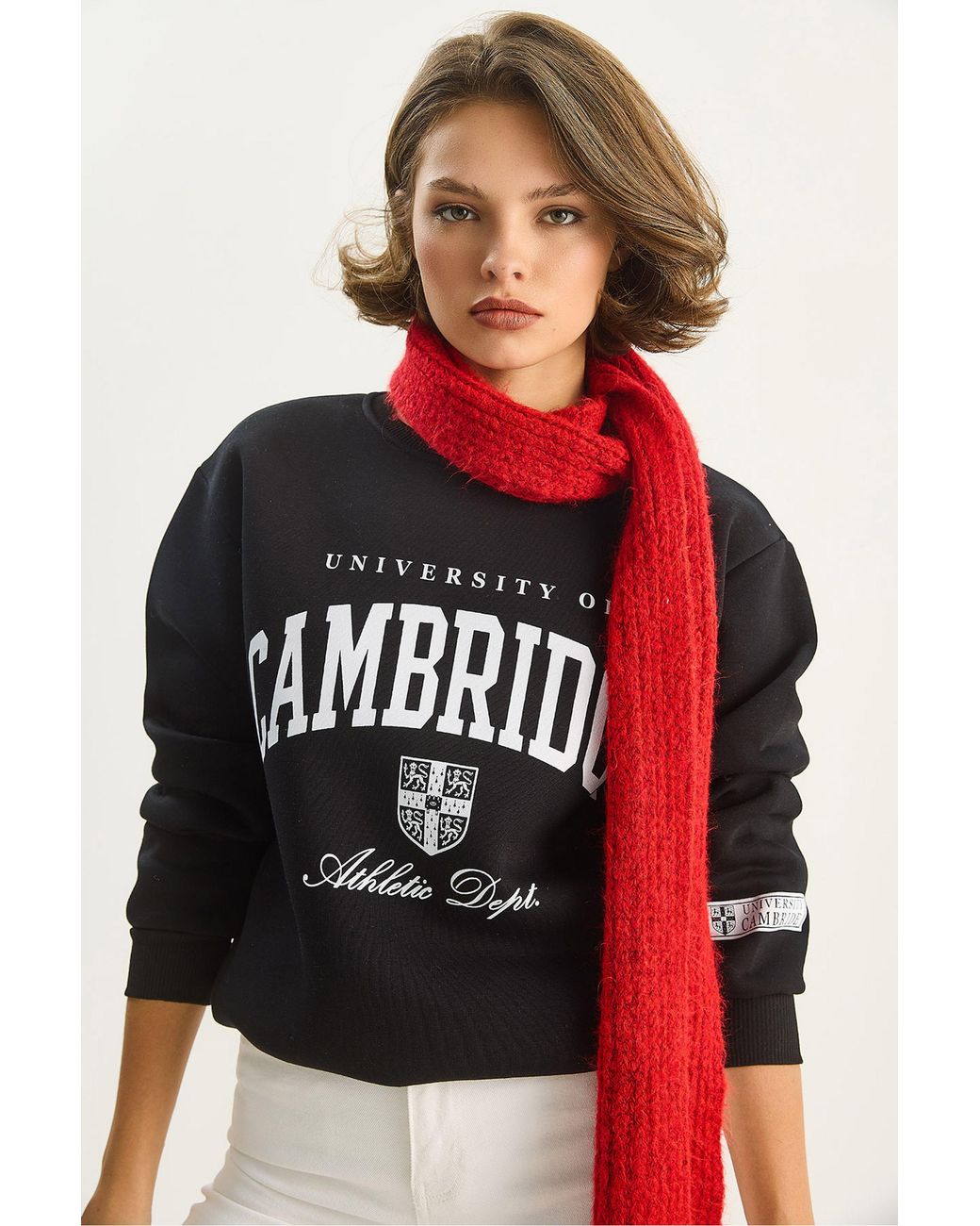 Bianco Lucci Red Printed Ribbed Crew Neck Sweatshirt