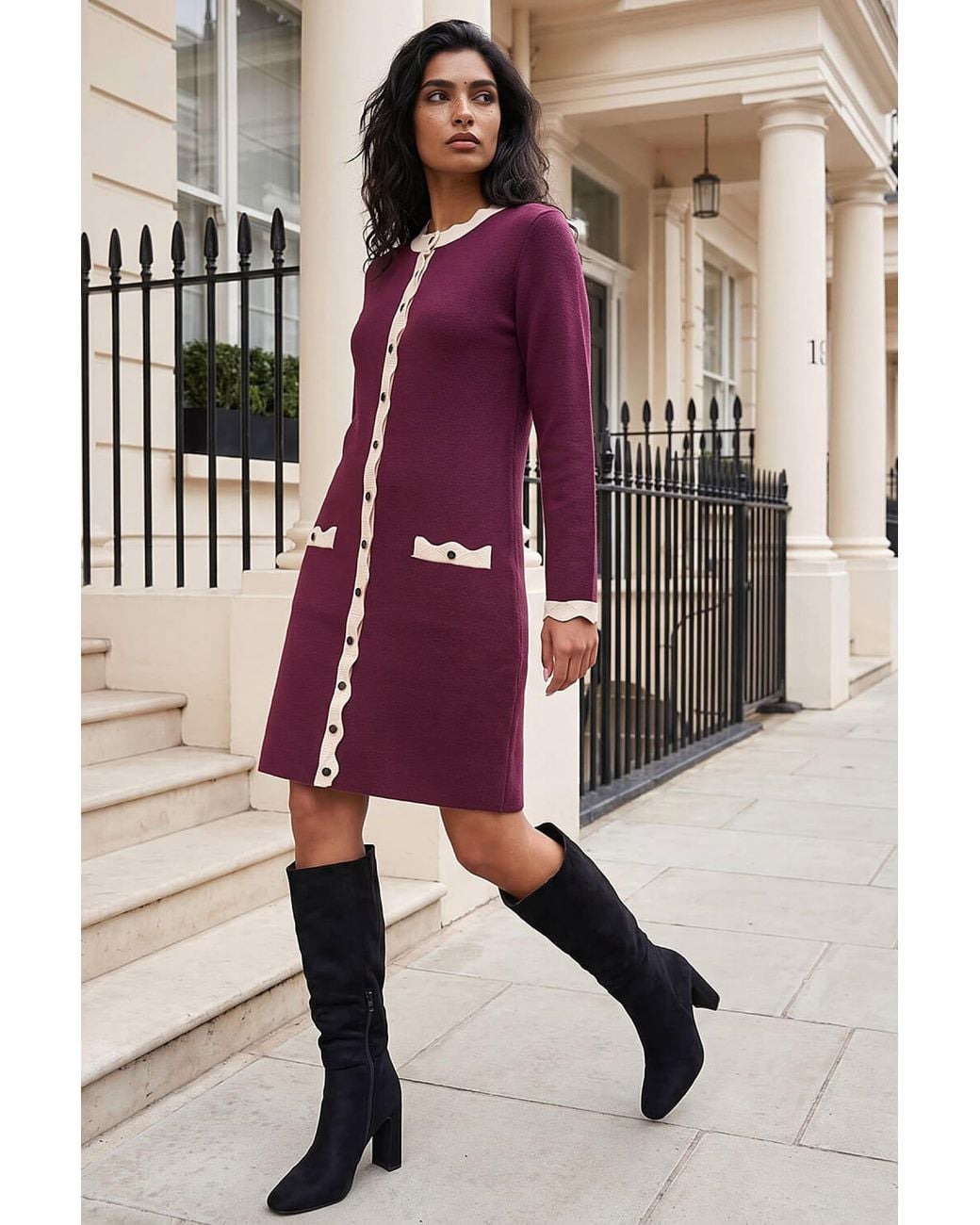 Roman Purple Scalloped Button Through Knit Dress