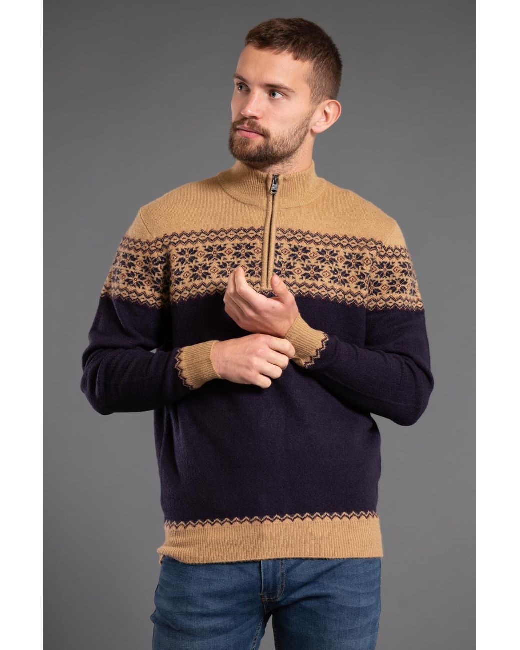 Kensington Eastside Blue 1/4 Zip Colourblock And Jacquard Funnel Neck Jumper for men