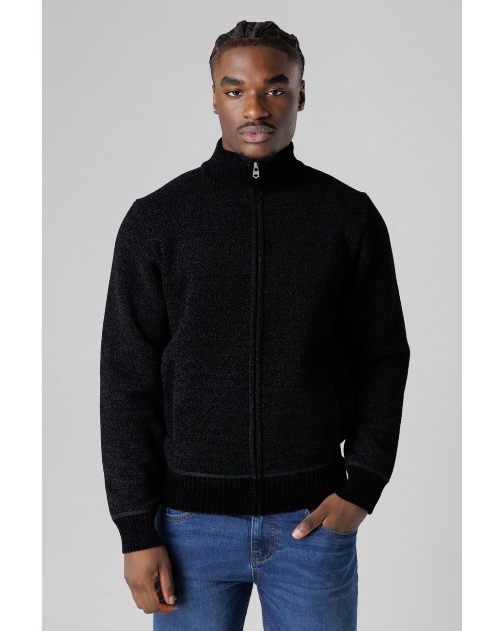 Kensington Eastside Black Sherpa-Lined Zip-Through Cardigan for men