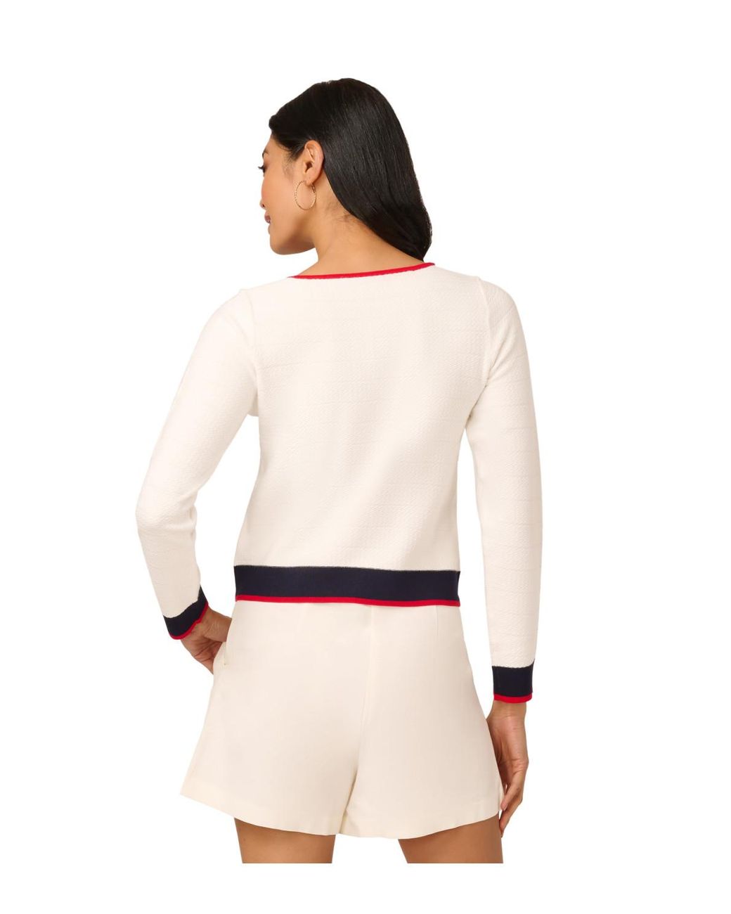 Adrianna Papell White Textured Contrast Double Bow Crop Pullover Sweater