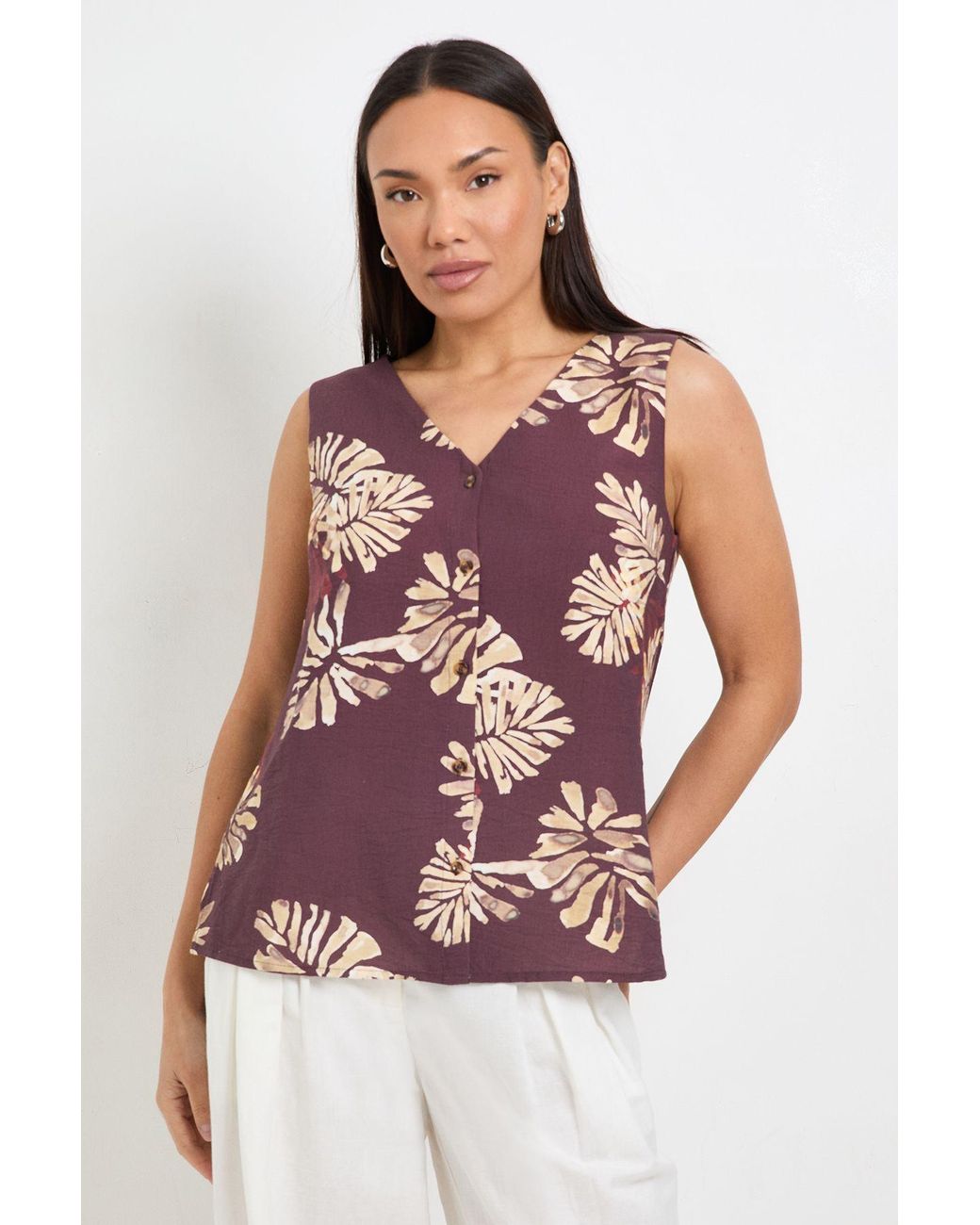 Wallis Brown Palm Print Button Cami Top