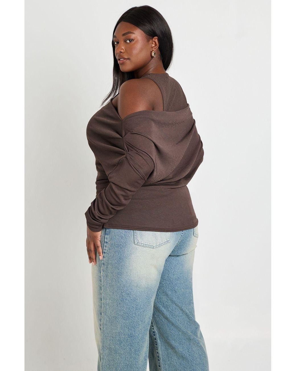 Boohoo Brown Plus 2-1 Layered Asymmetric Long Sleeve Top