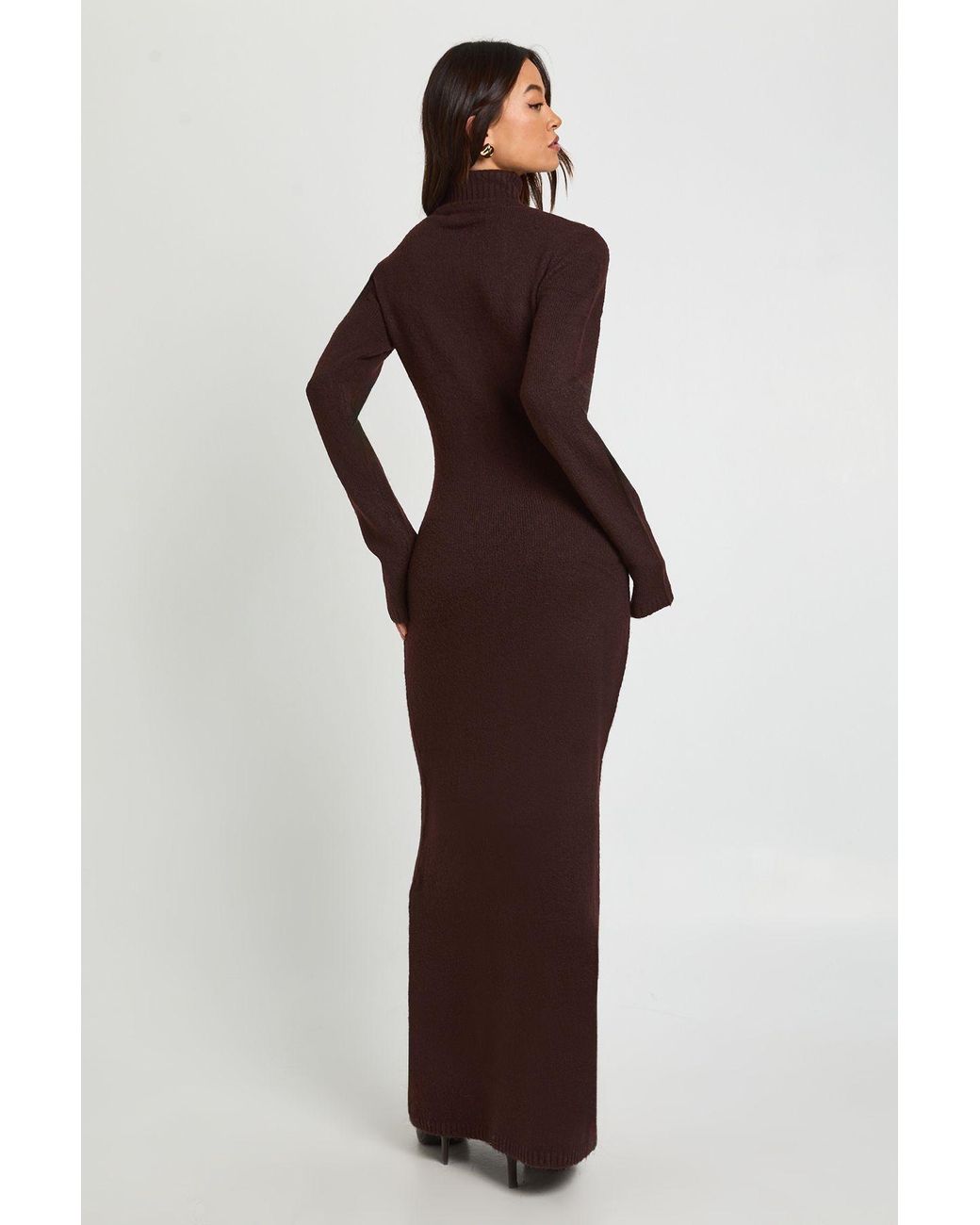 Boohoo Brown Tall Roll Neck Super Soft Knitted Maxi Dress