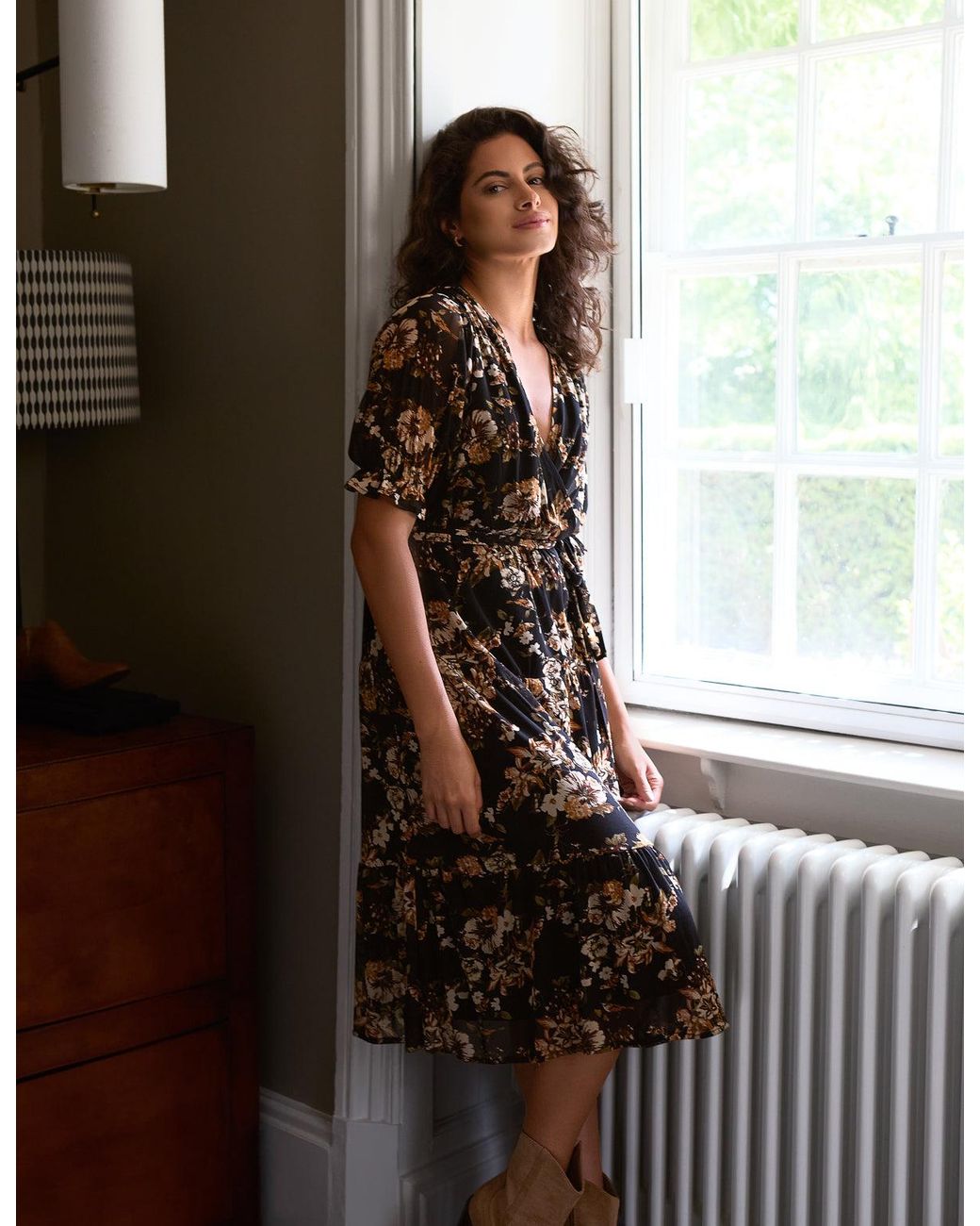Blue Vanilla Brown Floral Mesh Wrap Front Tiered Midi Dress