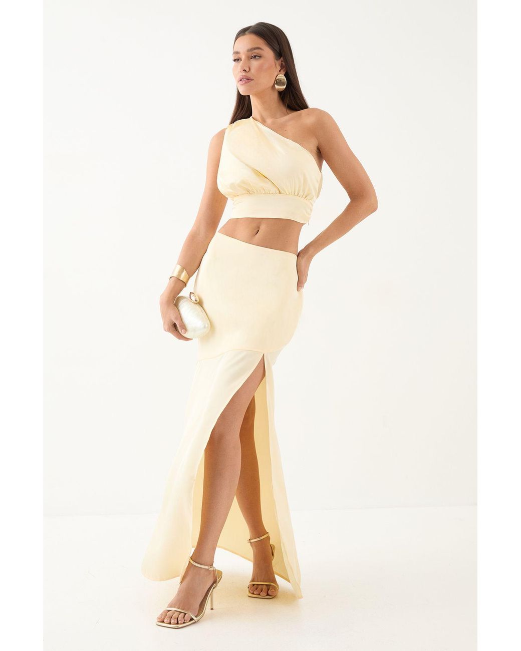 MissPap Natural Satin One Shoulder Top & Maxi Skirt Co-Ord