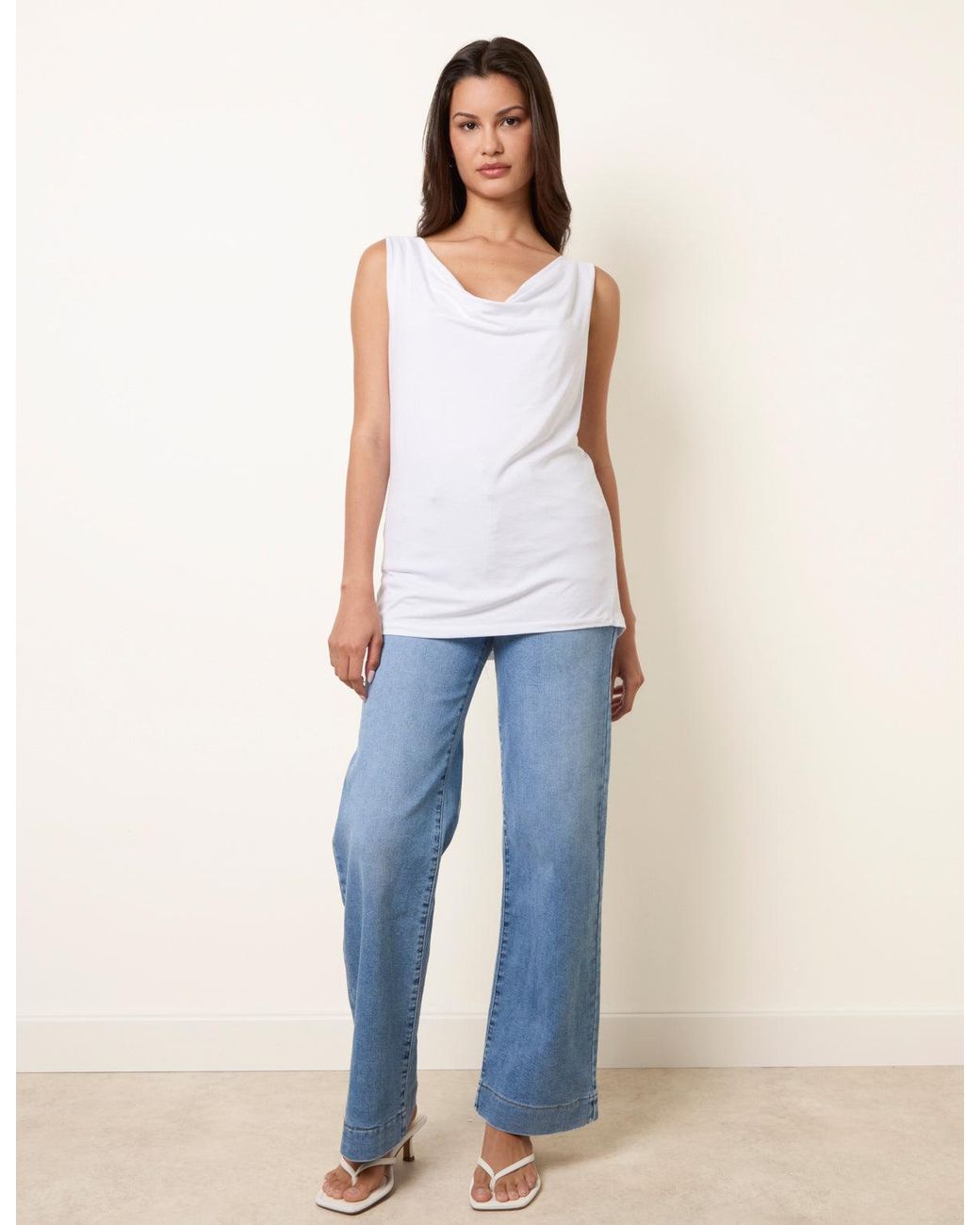 Blue Vanilla White Sleeveless Cowl Neck Viscose Jersey Top