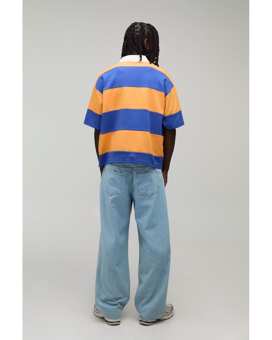 BoohooMAN Blue Oversized Boy Half Sleeve Applique Stripe Interlock Rugby Polo for men