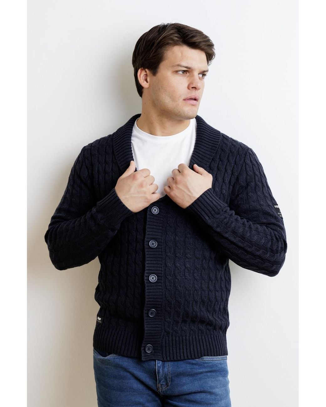 Firetrap Blue Wool Blend Shawl Collar Cable Cardigan for men