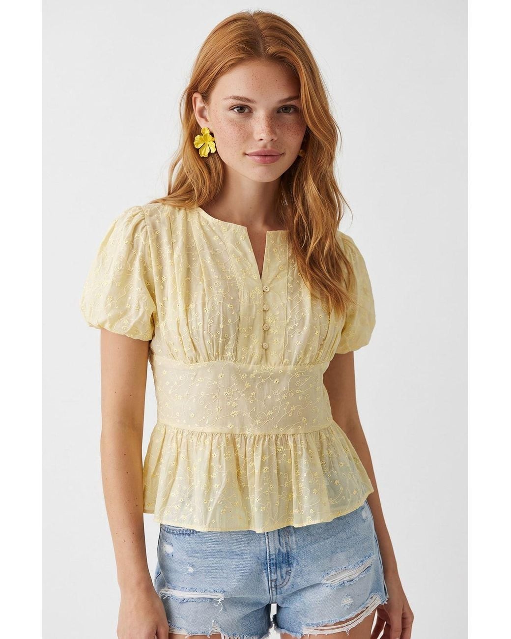 MixRay Natural Embroidered V-Neck Woven Blouse