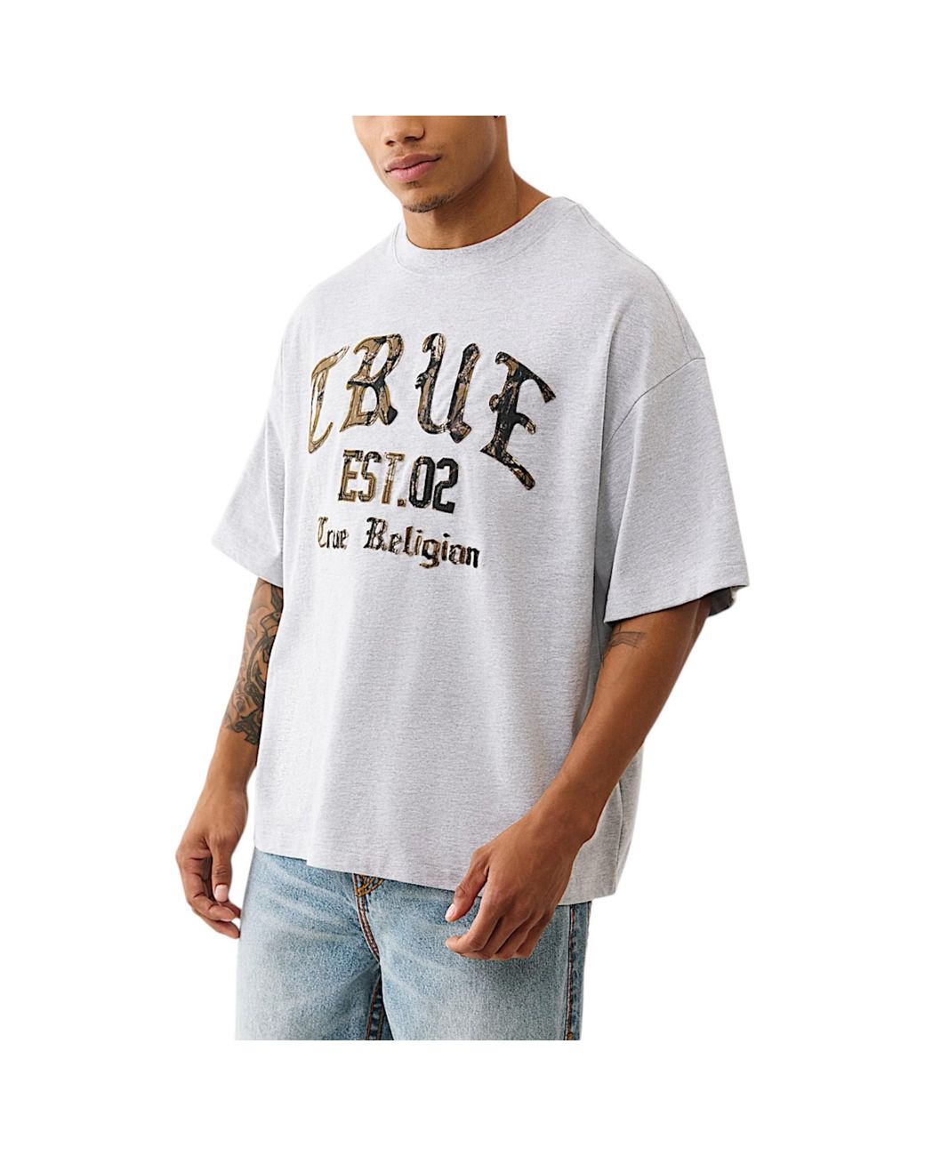 True Religion Gray Oversized T Shirts Drop Shoulder Tee for men