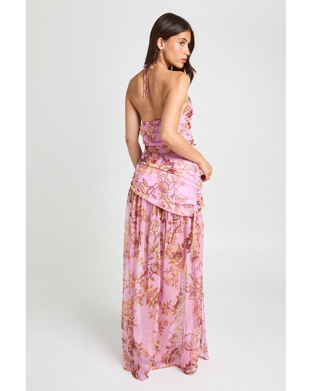 Boohoo Pink Floral Halterneck Ruched Detail Maxi Dress
