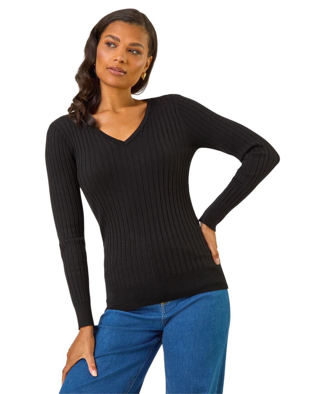 Roman Black V-Neck Ribbed Knit Jumper