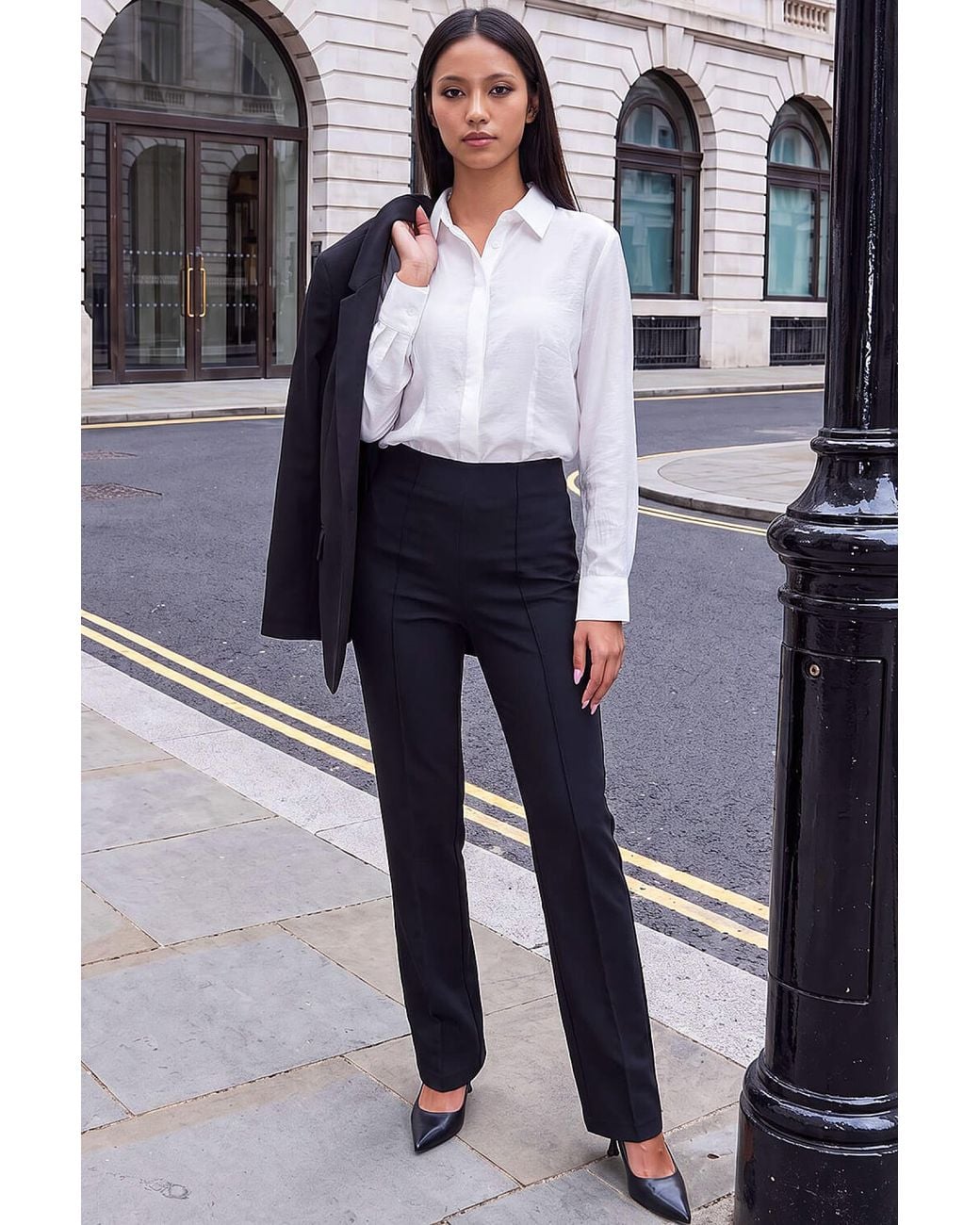 Roman Black Petite Pintuck Premium Stretch Trouser