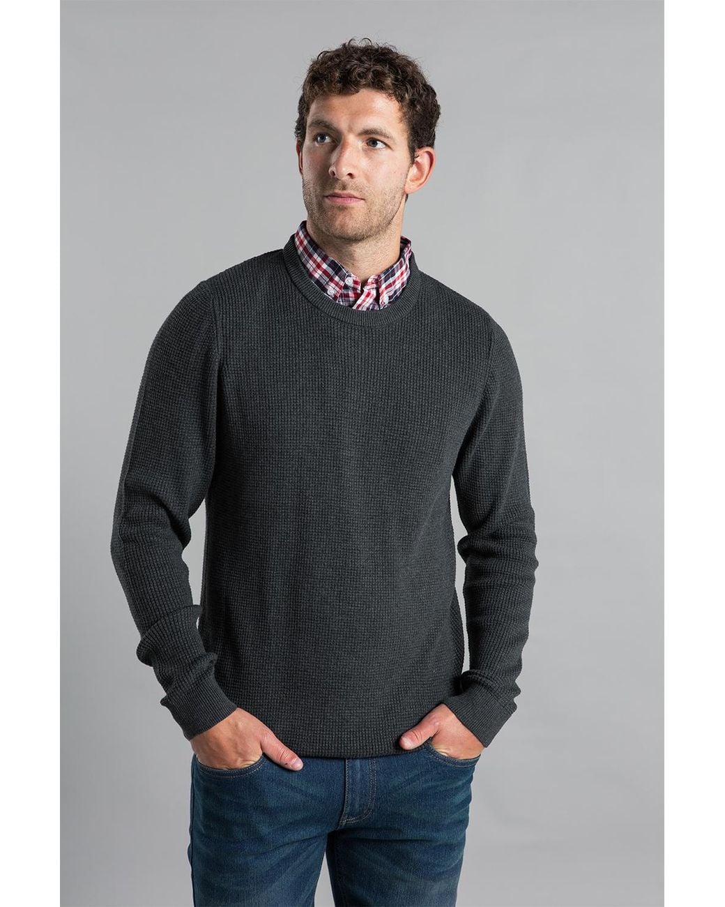 Kensington Eastside Gray Mock Checked Shirt Crew Neck Jumper for men
