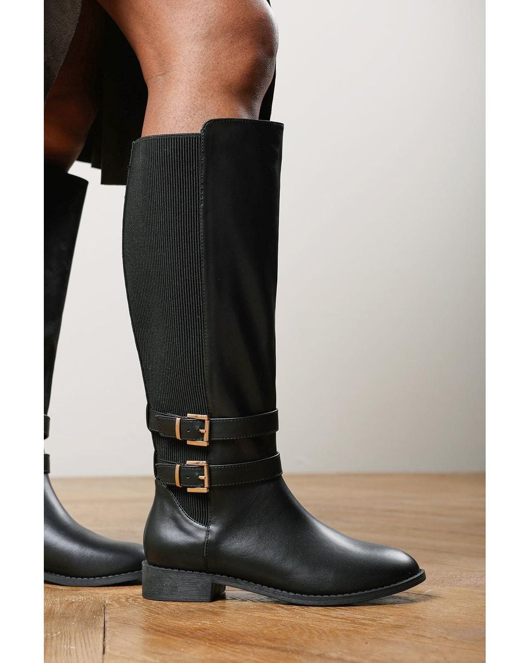 Where's That From Black Elaris Wide Fit Double Buckle Detail Stretch Elastic Knee High Riding Boots