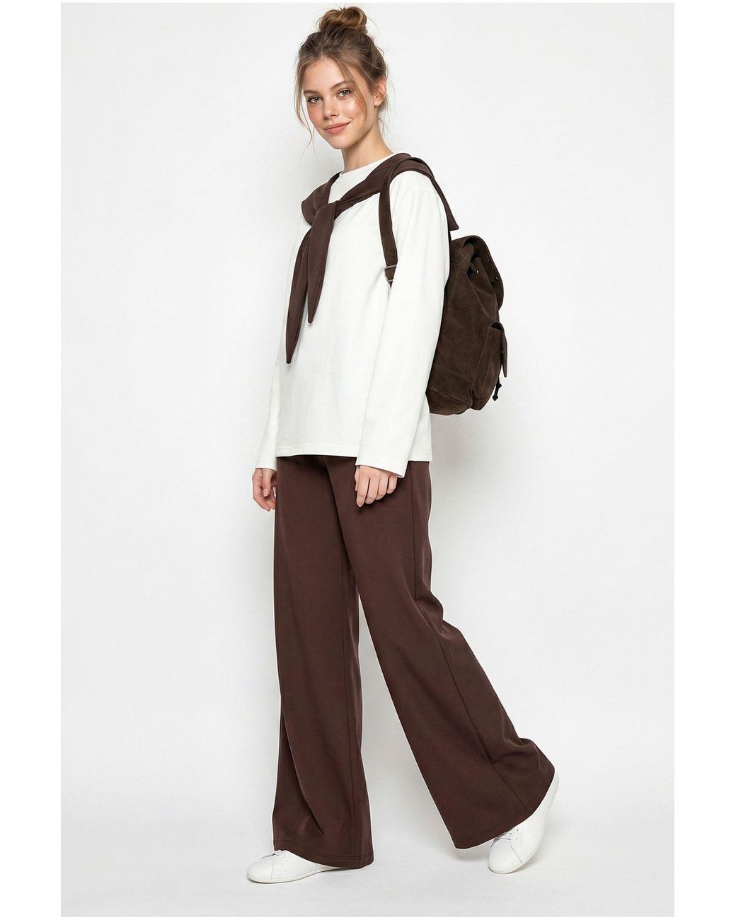 Bianco Lucci White Two-Piece Knit Coord With Wide-Leg Trousers