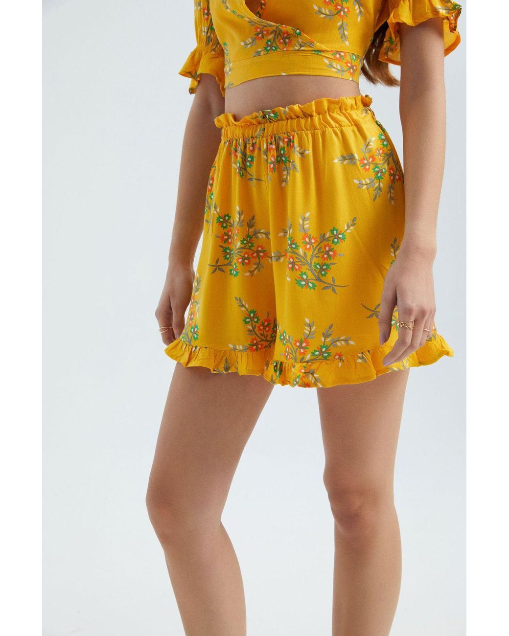 Hiccup Yellow Floral High Waist Elastic Shorts