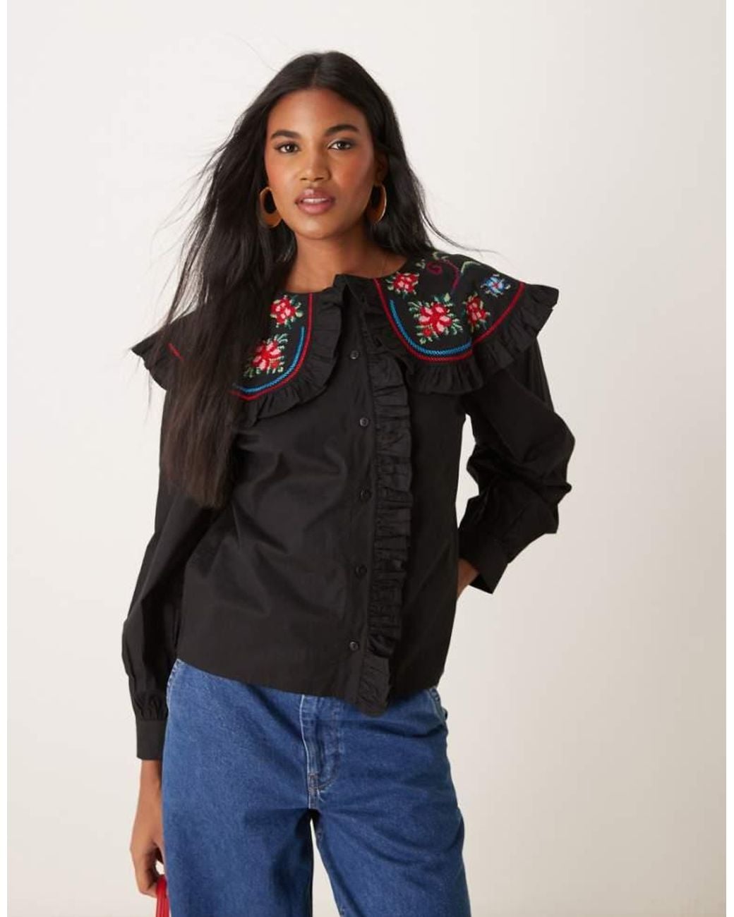 ASOS Blue Shirt With Embroidered Oversized Frill Collar