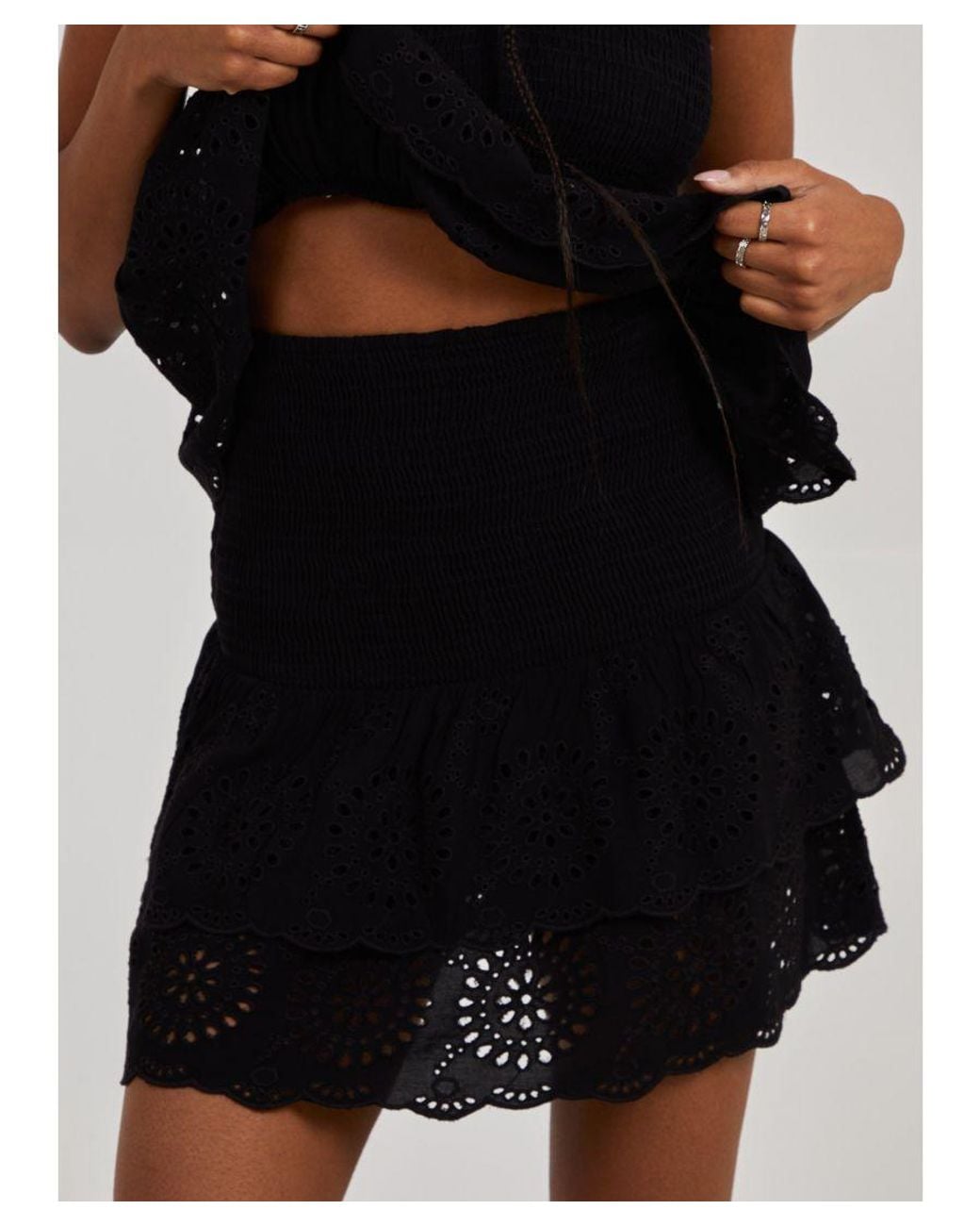 Pink Vanilla Black Shirred Broderie Ruffle Mini Skirt