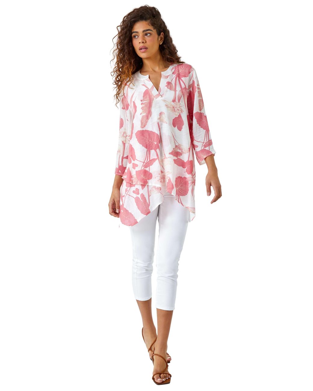 Roman Red Palm Print V-Neck Wrap Hem Tunic Top