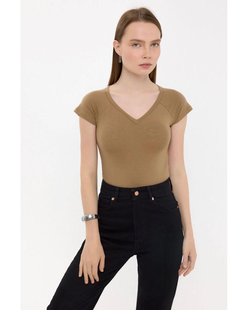 Hiccup Black Basic Cap-Sleeve V-Neck T-Shirt