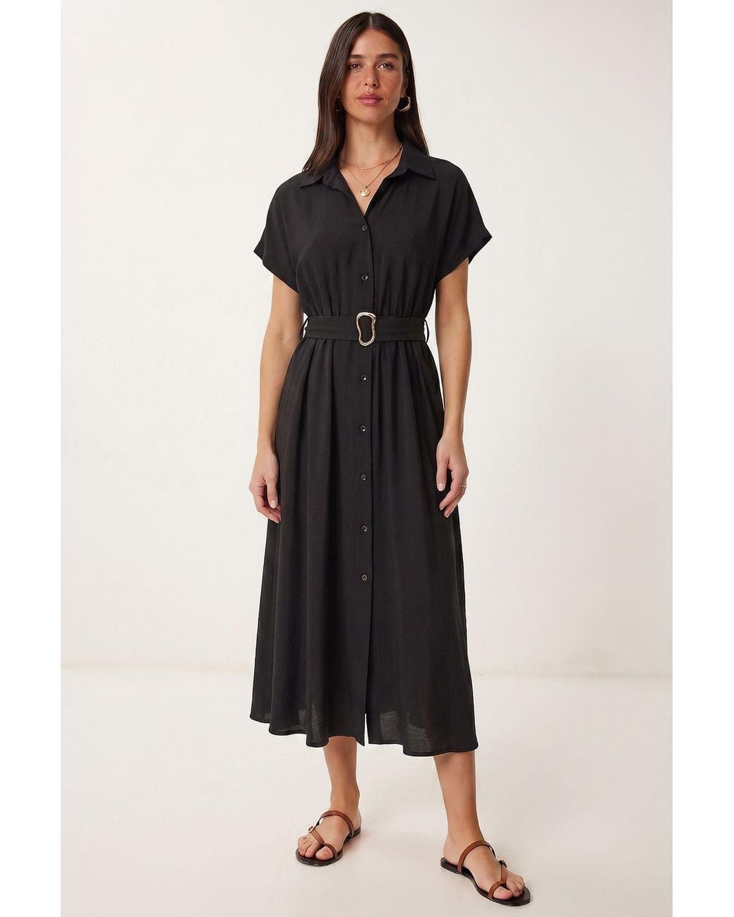 Happiness İstanbul Black Belted Poplin Shirt Midi Dress
