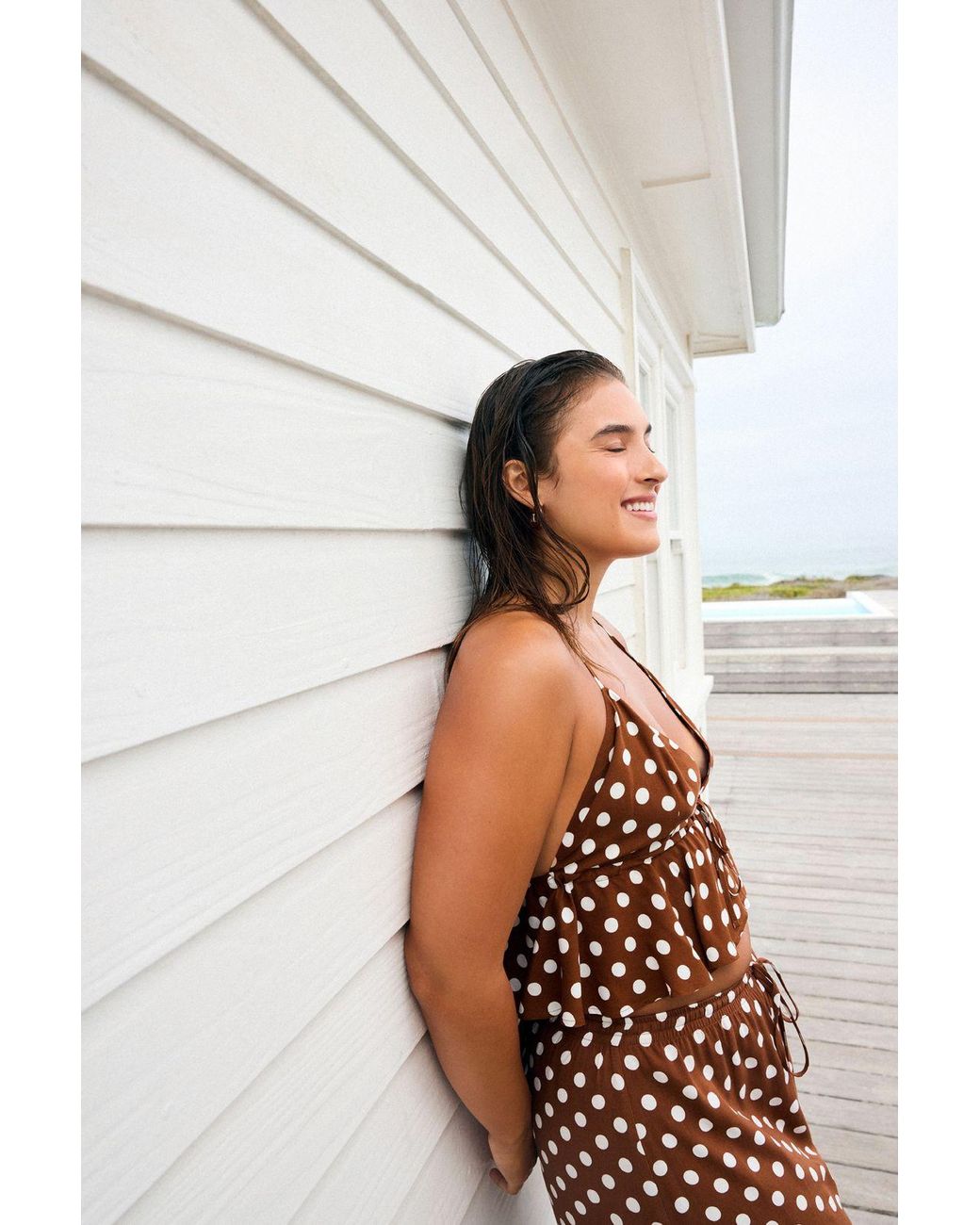 Penti Brown Polka Dot Halter Bikini Top With Ruffle