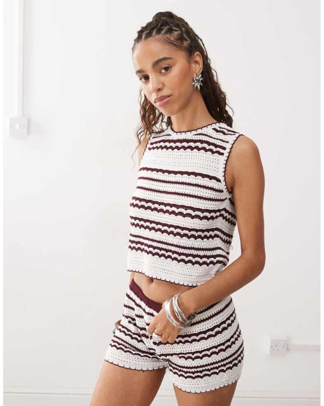 Collusion Brown Crochet Open Back Top Co-ord