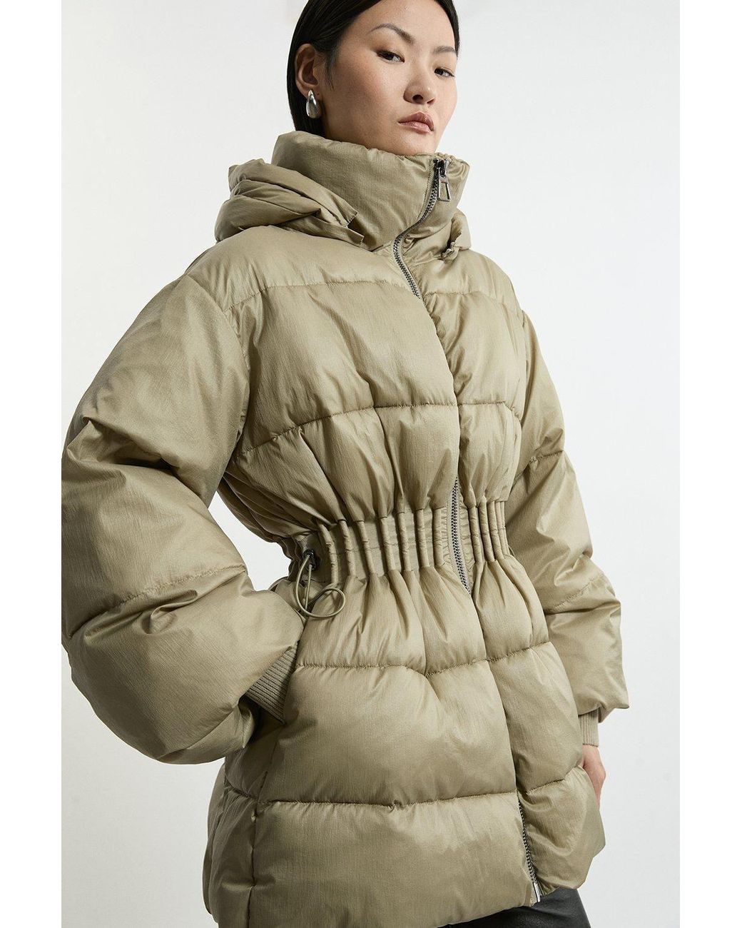 Karen Millen Green Quilted Drawstring Waist Hooded Rib Cuff Puffer Jacket