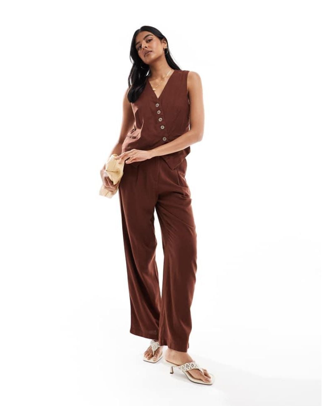 Vero Moda Red Linen Touch Asymmetric Button Front Waistcoat Co-Ord