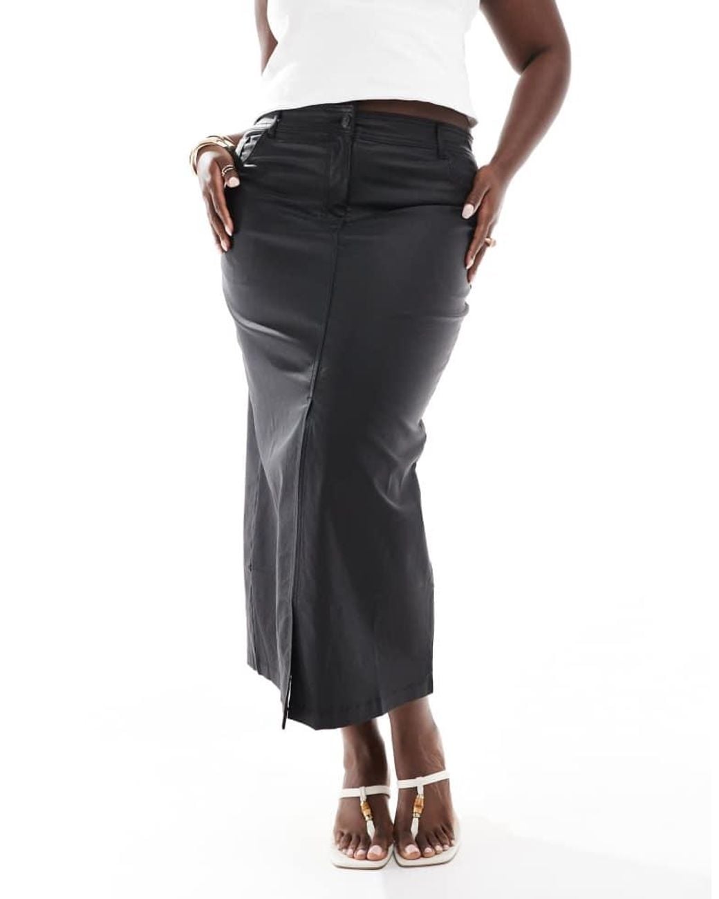 Yours Black Pu Midaxi Skirt With Front Split