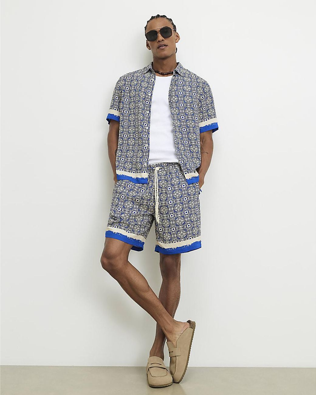 River Island Blue Shorts Tile Print Drawstring Del Maar Viscose for men