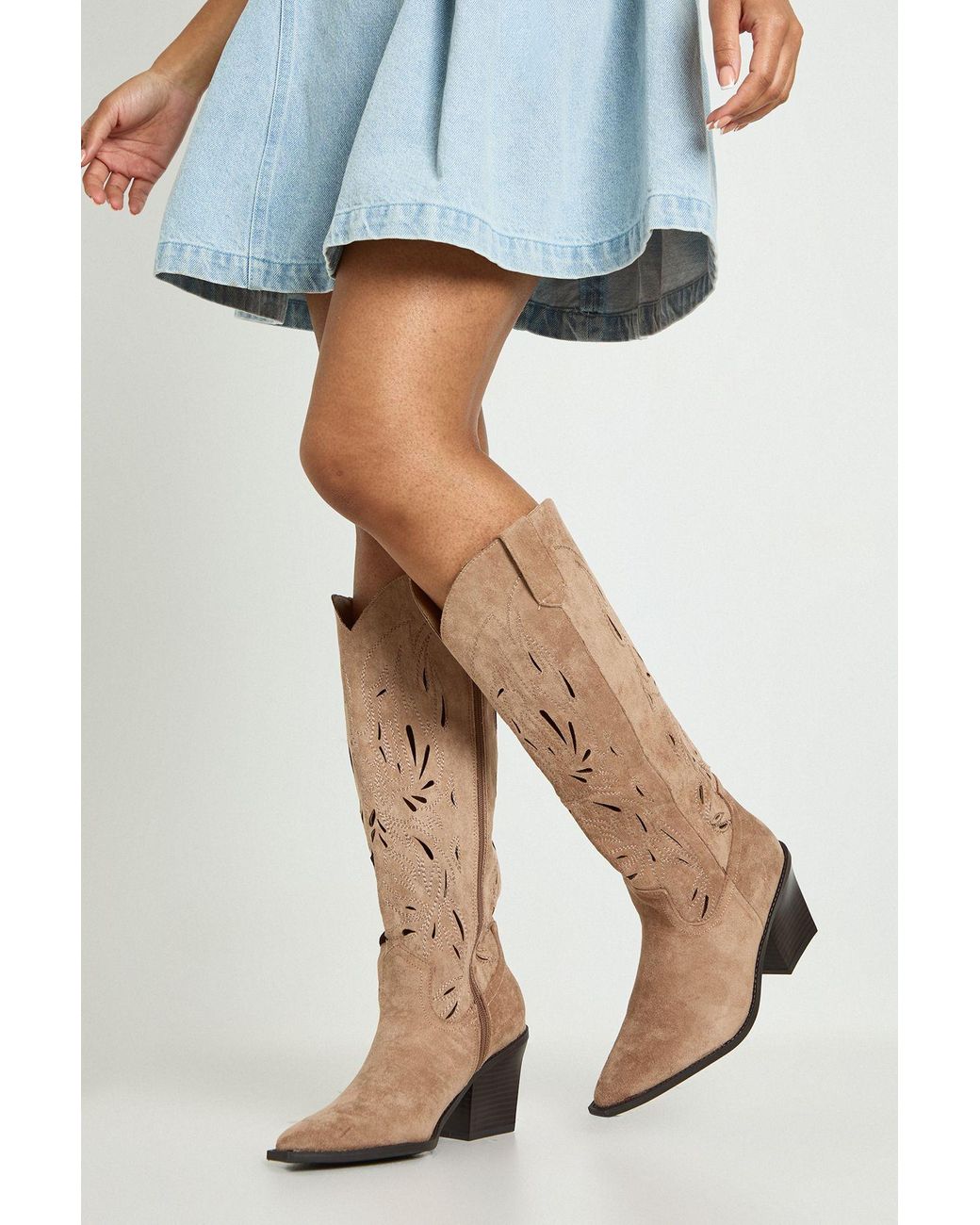 Boohoo Natural Faux Suede Cut Out Detail Western Boots