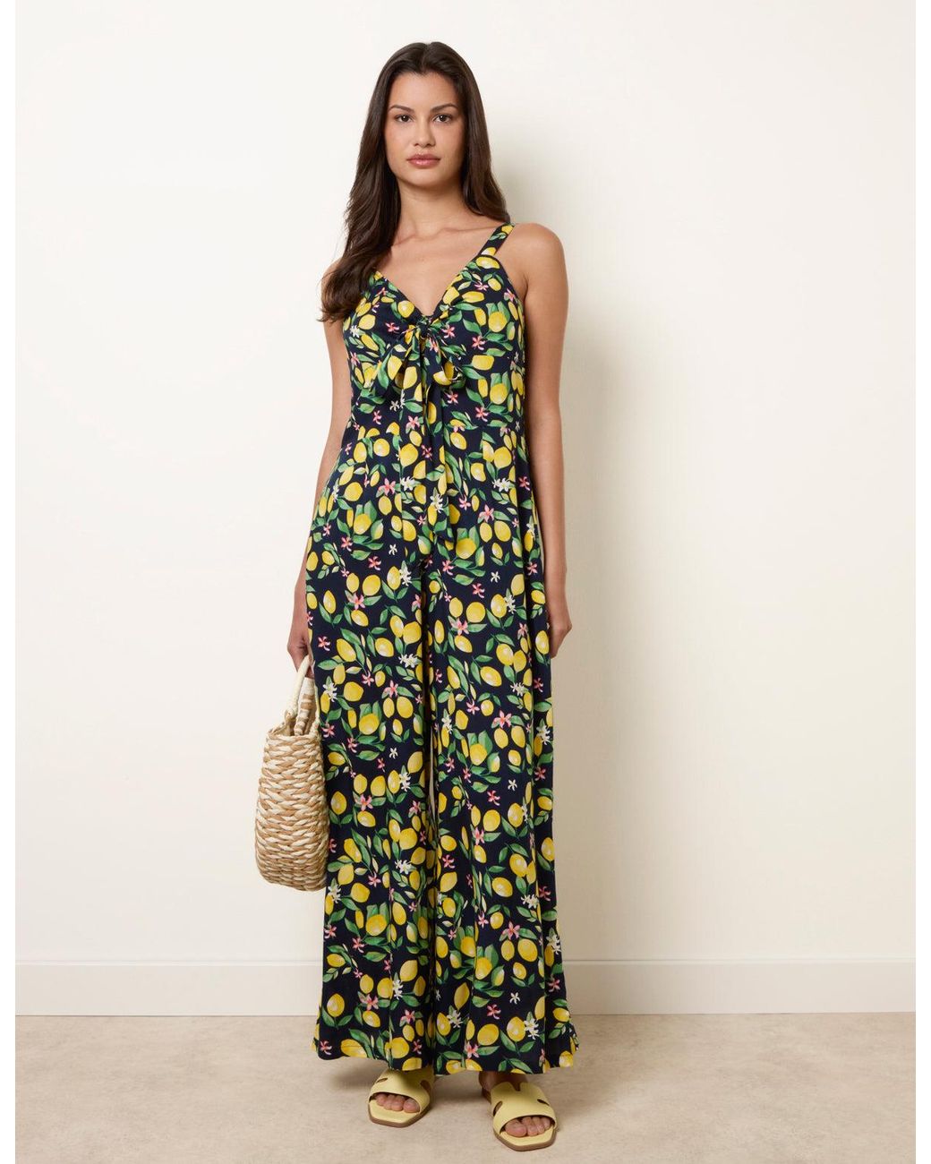 Blue Vanilla Green Lemon Print Front Tie Jumpsuit