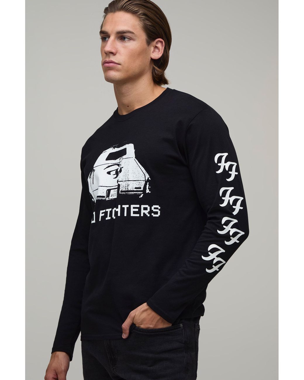 BoohooMAN Blue Regular Foo Fighters Car License Print Long Sleeve T-Shirt for men