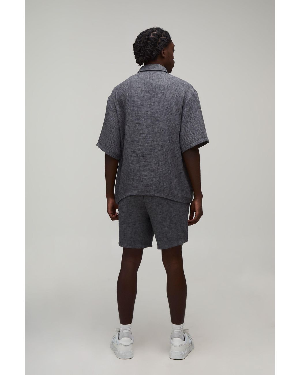 BoohooMAN Blue Linen Look Embordered Oversized Shirt & Short Set for men