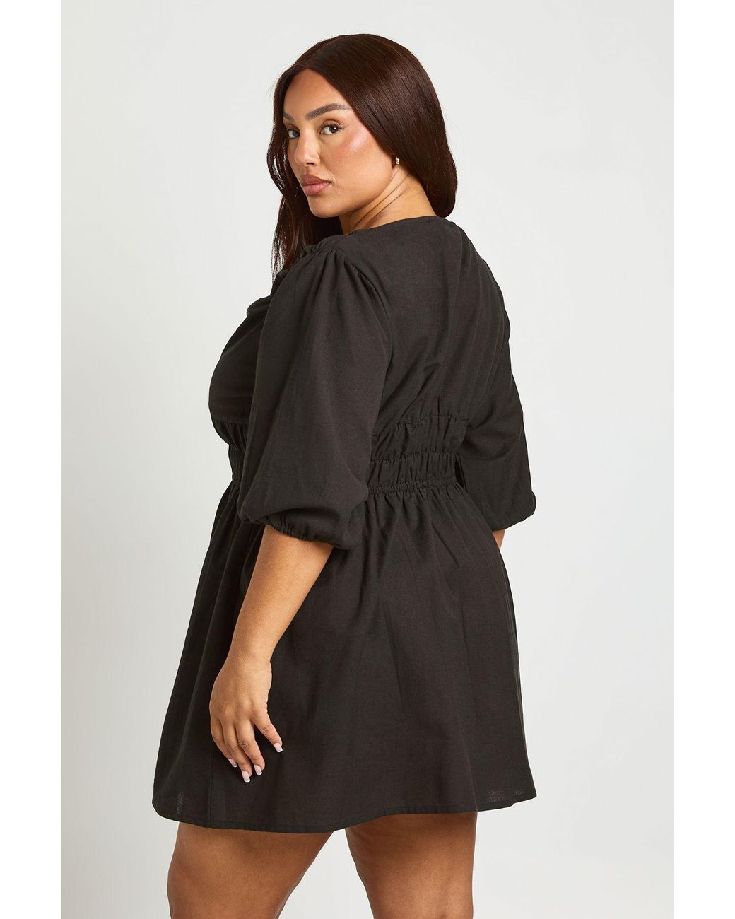 Boohoo Black Plus Linen Look Puff Sleeve Shirred Waist Skater Dress