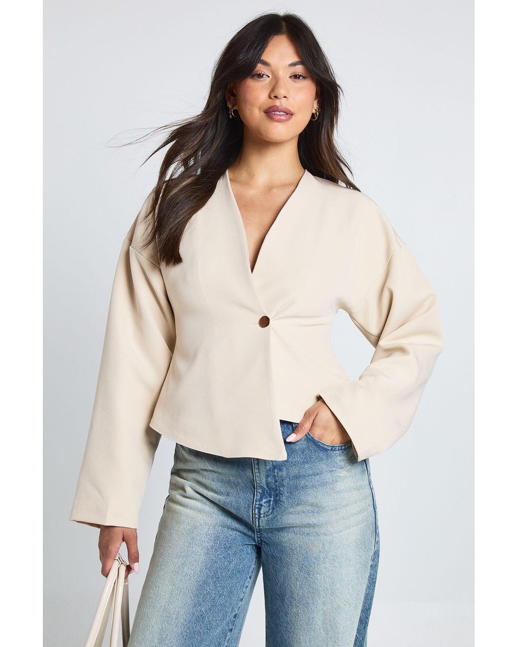 Boohoo Natural Button Long Sleeve Wrap Top
