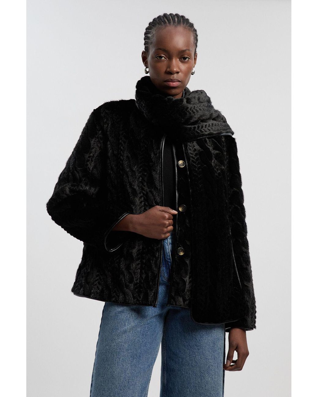 Karen Millen Black Textured Faux Fur Scarf Neck Coat