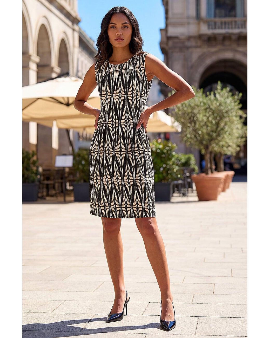 Roman Black Abstract Print Panel Detail Dress