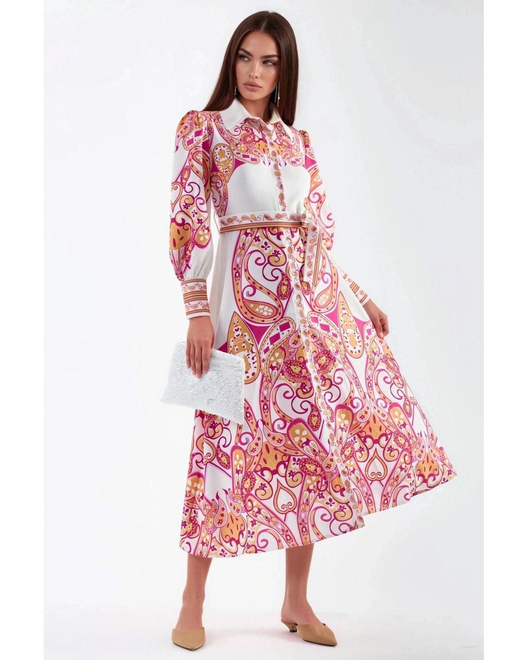 Msn-Collection Red Paisley Print Belted Maxi Dress