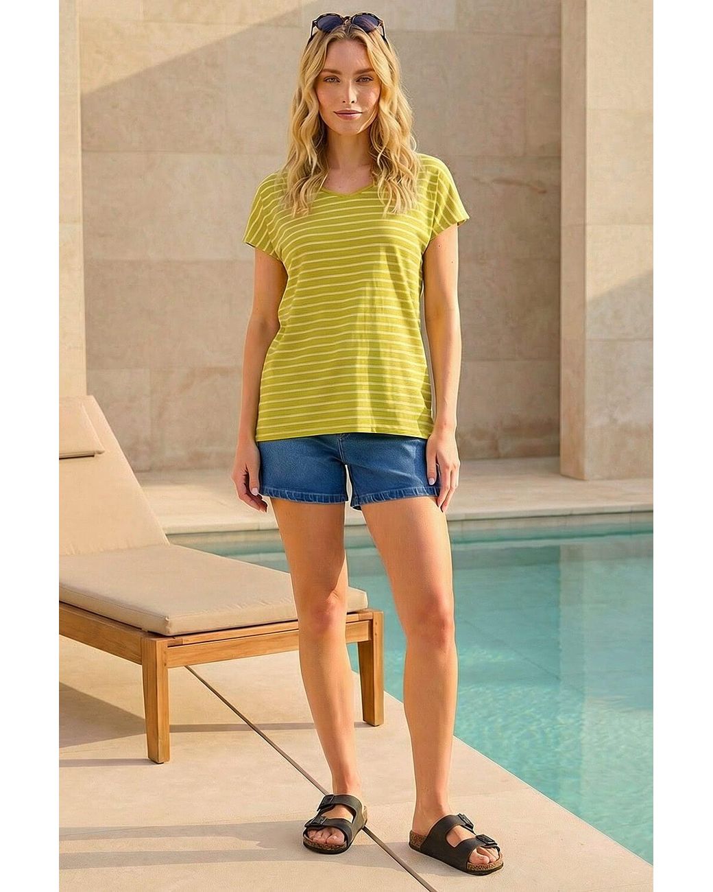 Roman Yellow Stripe Print V-Neck Stretch Tee
