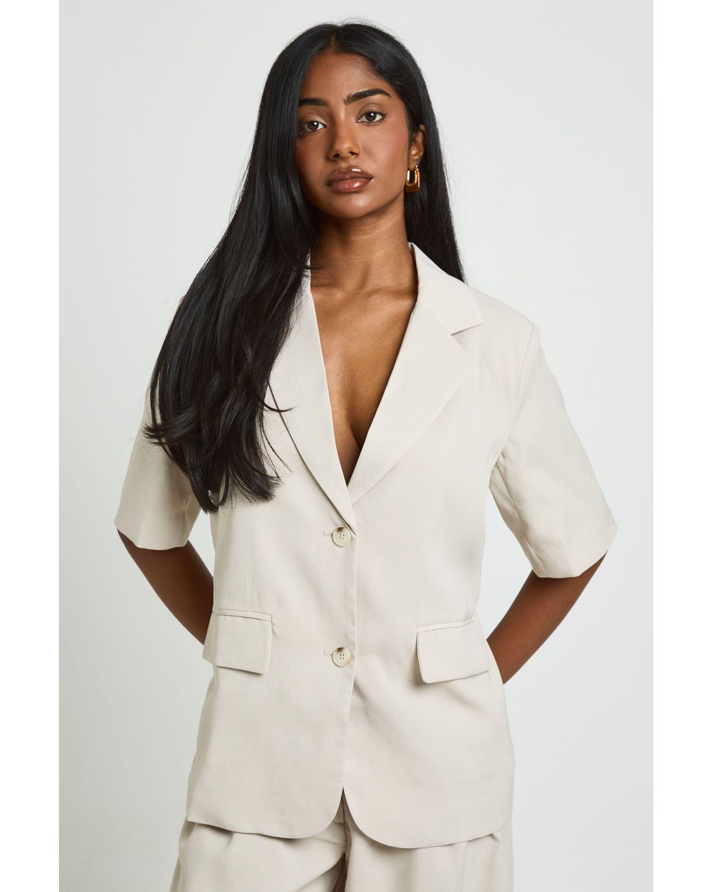 Boohoo Natural Short Sleeve Oversized Blazer