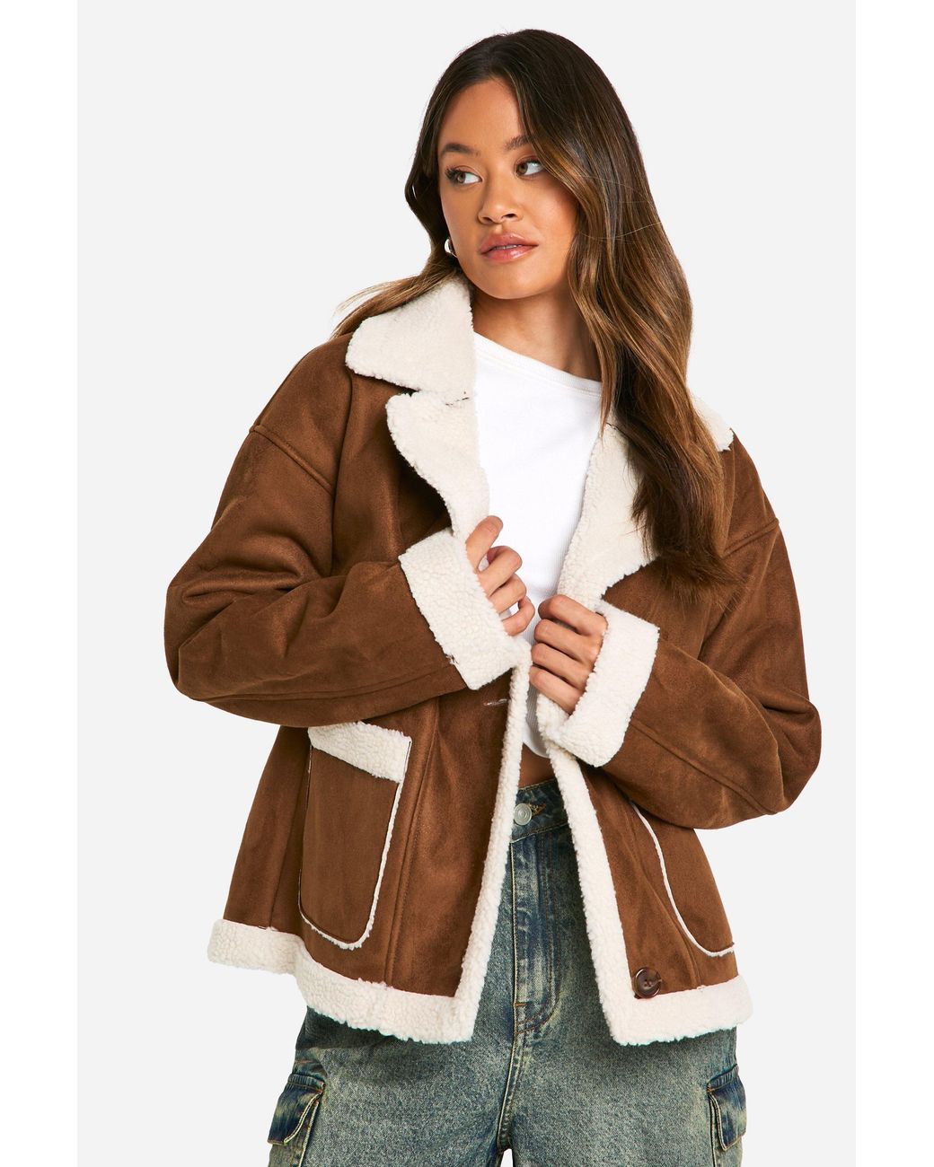 Boohoo Brown Tall Borg Lined Faux Suede Jacket