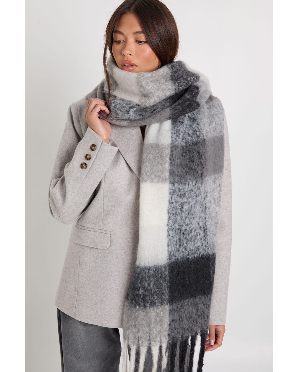 Boohoo Gray Oversized Flannel Tassel Fluffy Scarf