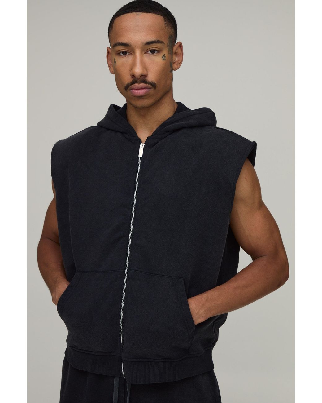 BoohooMAN Blue Oversized Boxy Sleeveless Padded Shoulder Wash Zip Hoodie for men