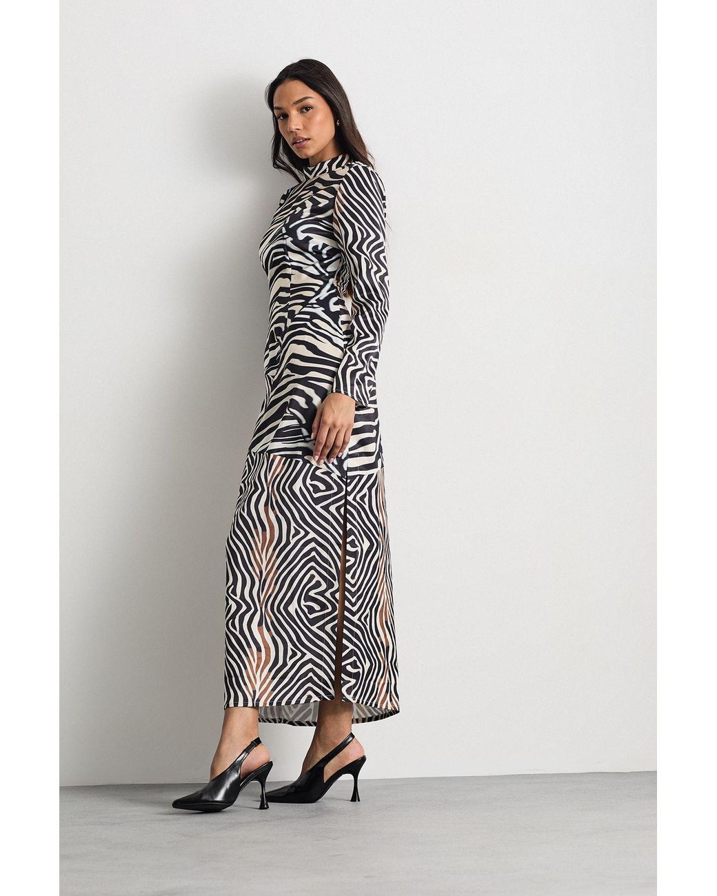 Warehouse Gray Zebra Printed Satin Panelled Maxi Dress